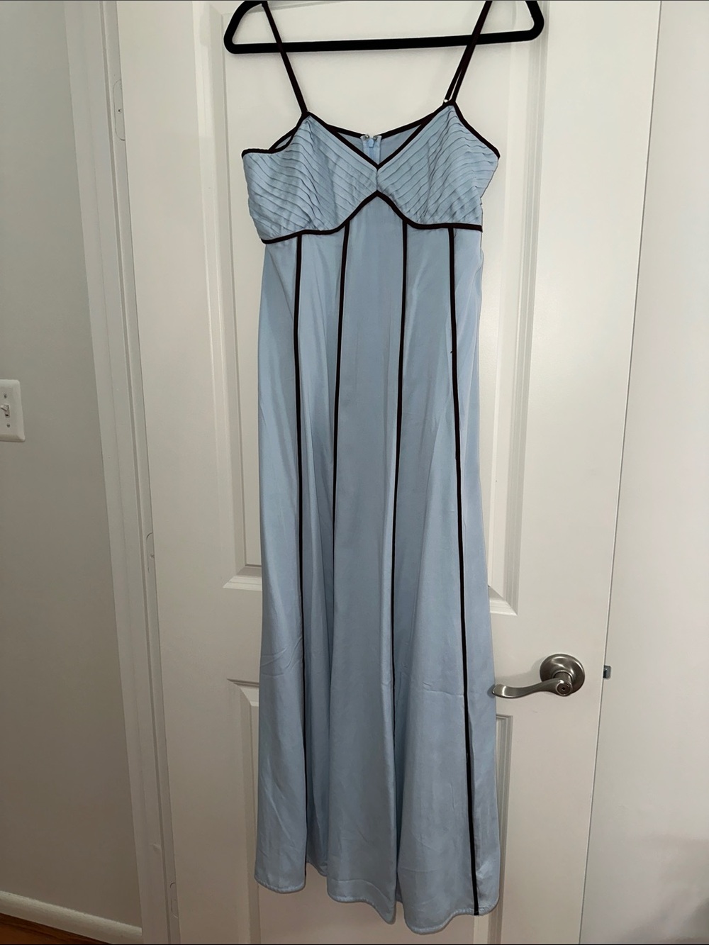Sancia Light Blue Maxi Dress with chocolate brown piping